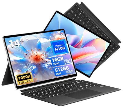 Tunhail Portátil 2 en 1 de 14 Pulgadas, Laptop Alder Lake-N100 CPU de hasta 3,40 GHz, 16GB LPDDR5 512GB SSD PC Portátil,1920 x 1200 FHD IPS, WiFi 6/BT 5.2+Type C, Pantalla Táctil Tablet PC Extraíbles