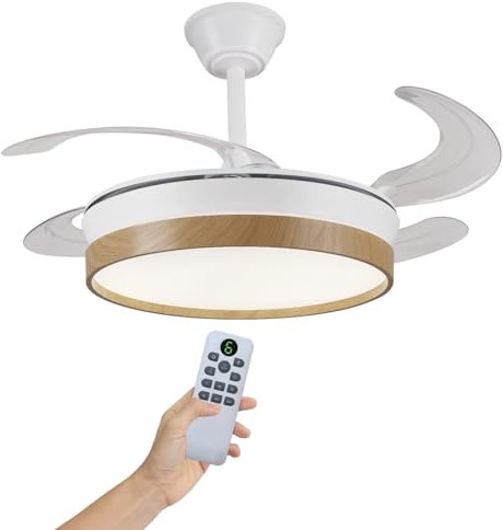 LUMIKING Lampara Ventilador de Techo - Luz LED Silencioso de 30 W de Motor con 4 Aspas Retractiles - Función Verano/Invierno con Temporizador (92 cm)