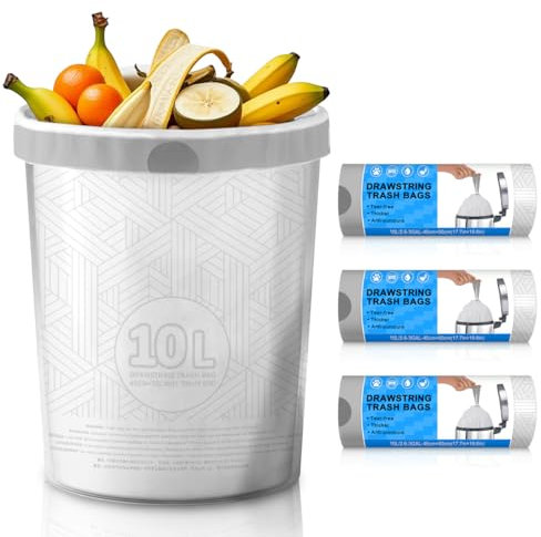 XUXRUS Sac Poubelle 10L Blanc à Lien Coulissant Petit Sac Poubelle Prédécoupés, Lot de 90, Ultra Résistant, Imperméables et Anti-Déchirure, pour Cuisine, Salle de Bain et Salon (45x50cm)