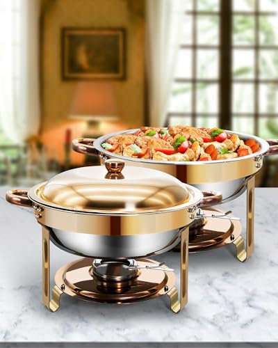 WENMILY 5L Chafing Dish Buffet,[Solide et Durable, Haute qualité],2 Récipients de Maintien au Chaud en Acier Inoxydable Ronds Or Rose [élégant Or Rose et Argent] Adaptés à Chaque fête