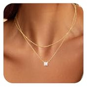 VIROMY Halskette Damen Gold 14K Gold Plattiert Zirkonia Anhänger Geschichteten Halskette Choker Kette Flache Perle Kette Zierlich Einfachen Schmuck für Frauen