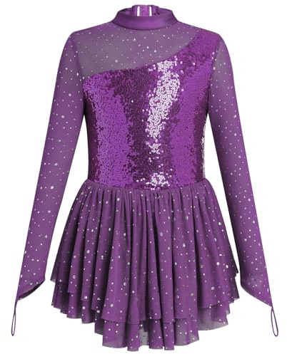 FYMNSI Eiskunstlaufkleid für Mädchen, glitzernde Strasssteine, langärmelig, Netzstoff, Tüll, Rock, Turnanzug, Gymnastik, Ballett, Tanzkleidung, violett, 5-6 Jahre