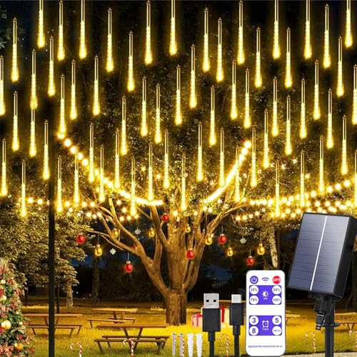 Aofonchy Solar Meteorschauer Lichterketten Außen 10 Röhren 240 LEDs Meteorschauer Regen Beleuchtung, Wasserdicht Meteorschauer Regenlicht für Garten Weihnachten Baum Hochzeit Dekoration