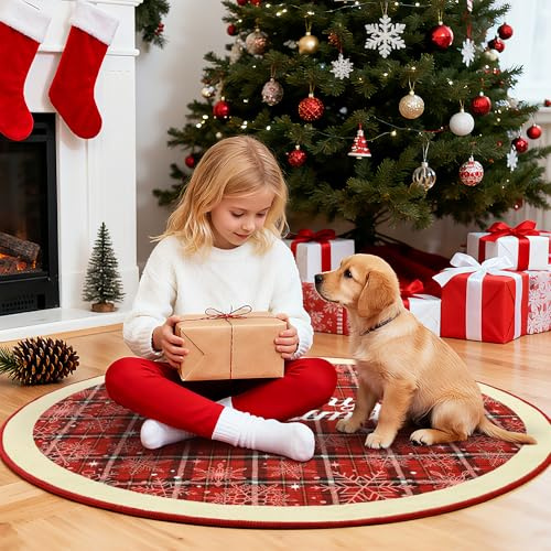 Carvapet Weihnachts-Schneeflocken-Teppich, waschbar, rund, 90 cm/3 ft, rutschfest, dünner Kreisteppich, roter Teppich, runde Teppiche