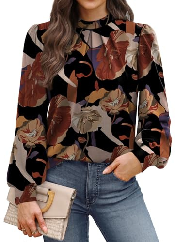 WIHOLL Blouses for Women Long Sleeve Tops Mock Neck Pleated Shirts Ladies Tops Business Loose Fit