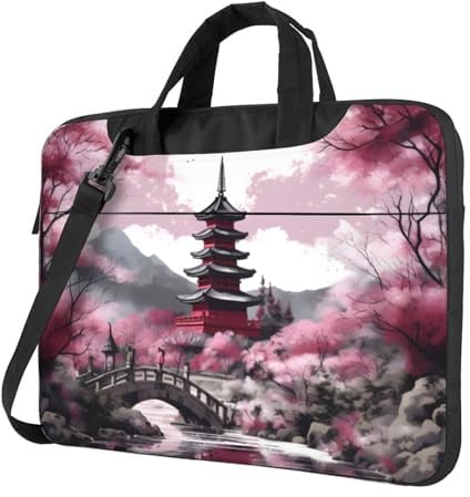 Mexpekil Laptoptasche, wasserdicht, tragbare Kuriertasche mit abnehmbarem Riemen, Aktentasche für Damen und Herren, Pinke japanische Landschaft, 13 Inch
