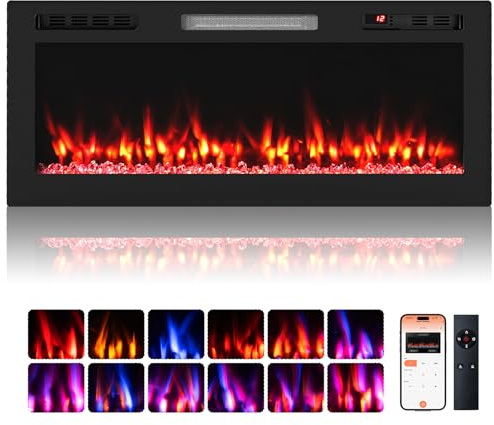 COSTWAY Cheminée Électrique 106,5 CM, Cheminée Compatible avec Alexa et Google Assistant Chauffage Encastré/Mural 750W/1500W avec APP & Télécommande, 12 Couleurs & 5 Niveaux de Luminosité, Minuterie