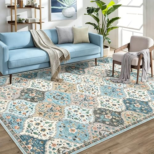 LuxFocus Waschbarer Bettvorleger 80x150cm Vintage Blumenteppich Blau Camel | ca. 6mm Ultradünn, Teppich für Wohnzimmer Schlafzimmer Kinderzimmer, marokkanisch, rutschfest, Kurzflor, Küchenläufer