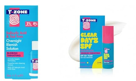 T-Zone Day and Night Blemish Control Bundle – Salicylic Acid & Tea Tree Overnight Spot Treatment 30ml + Clear Dayz SPF 50+ 50ml – Drying Lotion & Lightweight Sunscreen for Oily, Blemish-Prone Skin