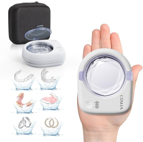 COSLUS C50 Portable Ultrasonic Retainer Cleaner : 50kHz Sonic Tooth Cleaner Cordless -Low Noise for Retainer, Aligner, Mouth Night Guard Deep Cleaning - Travel Home Use White