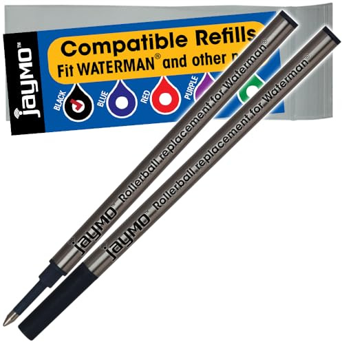 Jaymo Replacement for Waterman 540951 - Measures 4.3 in / 109 mm Long - Rollerball Pen Refill - 2 Black