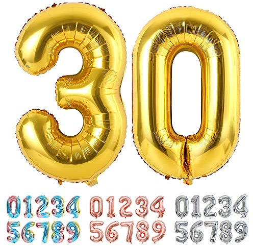 Ponmoo Luftballons Zahlen 30 Gold, Riesen Nummer 0 1 2 3 4 5 6 7 8 9 10-19 20-29 30-39 40 50 60 70 80 90 100, groß Folienballons für Hochzeit Jubiläum, Geburtstagsballons Party Dekoration