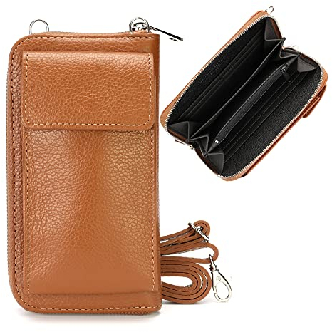 irisaa Leder Damen Handytasche Umhängetasche mit Geldbörse, Echtleder Handy Portemonnaie Tasche Crossbody mit verstellbarem Schultergurt und vielen Kartenfächern, Damen Tasche:Camel