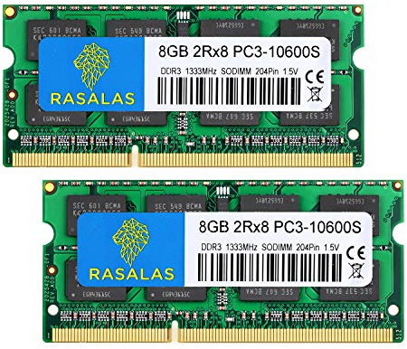 Rasalas PC3-10600 16GB 2X8GB 1333MHz with SODIMM: DDR3 2Rx8 10600s Dual Rank 1.5V CL9 204-Pin Non-ECC Unbuffered Notebook Laptop RAM Memory Upgrade Module