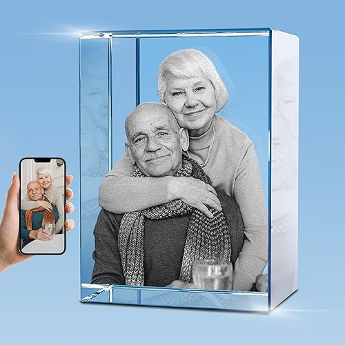 HAN'S LASER Personalized 3D Crystal Photo Cube, Custom Picture Gift for Mother's Day, Birthday, Wedding Memorial, Valentine's Day, Couples Gift for Women, Wife, Husband, Men - Small Portrait