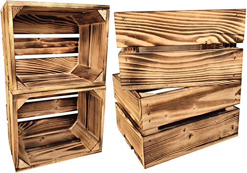 sunnypillow 4er Set Geflammt Holzkisten 25 x 20 x 15 cm Massive Weinkisten in vielen Farben zur Auswahl Holz Kisten Obstkisten Apfelkisten, Holzregal