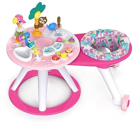 Bright Starts, Table et Siège Tournant, Centre d'Activités 2 en 1 Around We Go avec Sons et Lumières, 10 Jouets D'activité, Trotteur Musical pour Apprentissage de la Marche, Rose, à partir de 6 mois