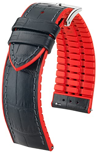 HIRSCH Uhren-Armband Andy L - Uhr-Band aus italienischem Kalbs-Leder mit Alligator-Prägung - Schwarz/Rot - 20 mm