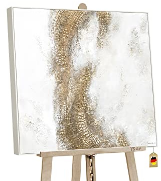 YS-Art Luxus Abstrakt Acryl Gemälde auf Leinwand Exklusiv handgemalt Wandbilder Wohnzimmer modern Wohndekor weiß Gold Bild quadratisch echte Kunst 100x100 cm