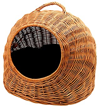 MyBer® Katzen Hunde Kleintier Häuschen Liege Katzenkorb Katzenhöhle Weidenkorb Transport Box Korb aus Weide mit Kissen braun geflochten K5-081-SS