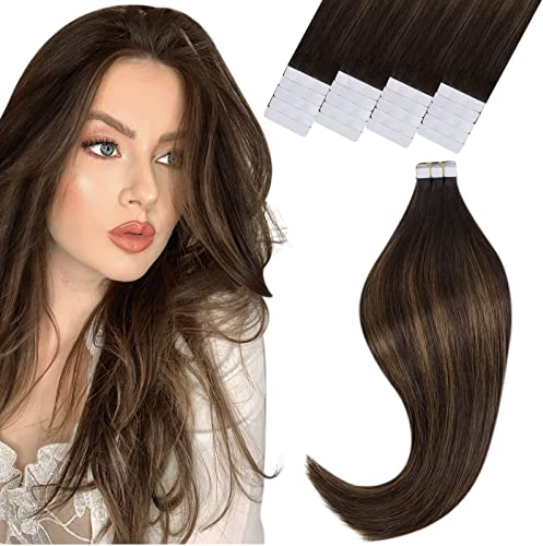 Vivien Echthaar Tape Extensions Balayage 45 cm Unsichtbar Tape in Extensions Echthaar Braun Ombre Haarverlängerungen 50g 20Pcs