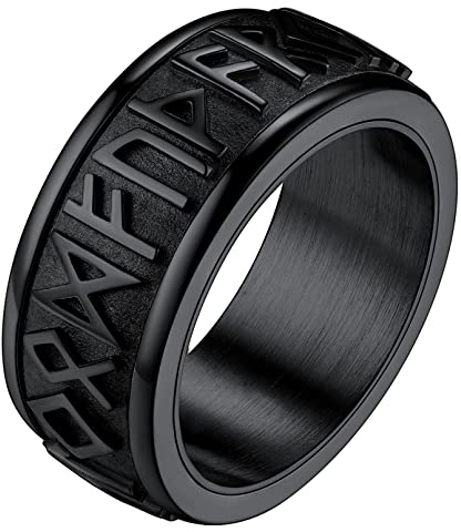 FaithHeart Viking Ring for Men Size Z+3, Black Spinner Rings Anti-Anxiety Jewellery, Stainless Steel Nordic Runic Finger Ring for Him