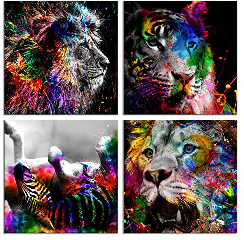 decomonkey - Impression sur Toile Abstrait Animau 60x60 4 Pièces - Tableau Décoration Appartement Cadre en Bois Déco Salon Peinture sur Toile Abstraction coloré chats lions tigres zèbres animaux