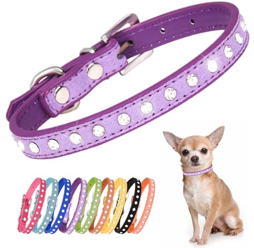 Kleine Hunde Hundehalsband Leuchtend, Halsband Hund Klein Mit Kristalldiamanten Glitzernd Kristall Halsung Hund Diamant Bling Welpenhalsband Welpe HundehalsbäNder,Lila XS
