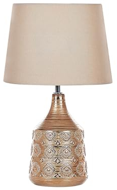 Tischlampe 47 cm Keramik Stoffschirm beige/braun Kabel mit Schalter Retro Wari