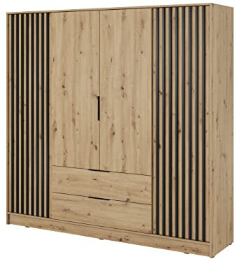 JOHN 4D Armoire de Chambre Style Loft Industriel - 4 Portes Pivotantes, 2 Tiroirs, Lattes en Bois - Penderie Avec Étagères (206x200x51cm) - Chêne Artisan