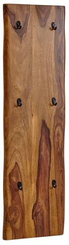 FineBuy Wandgarderobe Sheesham Massivholz/Metall 40x140x7 cm mit Baumkante, Design Hakenleiste 2-Reihig Flurgarderobe Wand, Garderobe Holz
