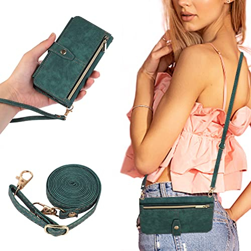 UEEBAI Crossbody Wallet Case for iPhone 13 6.1 inch, 9 Card Slots Magnetic Zipper Cover Adjustable Detachable Lanyard Strap Flip Case with Hand Strap Kickstand Case - Green