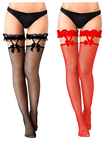 SATINIOR 2 Pairs Thigh High Fishnet Stockings Lace Bow Suspenders Hold up Halloween Stockings for Women(M Size,Black, Red)