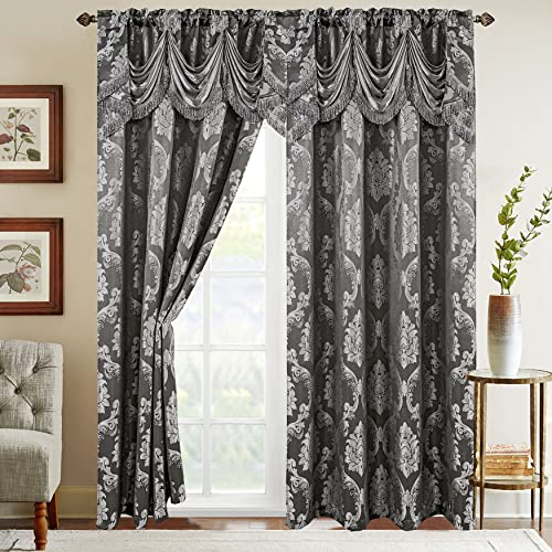Elegant Comfort Vorhang-Set in Jacquard-Optik mit angenähtem Wasserfall-Volant, 137 x 213 cm, Grau/Silber