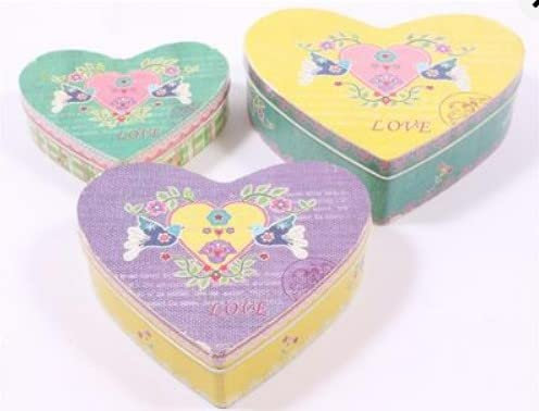 Set of 3 Distressed Edge Heart Shape Tins with Bird and Floral Theme Biscuit Cake Craft Sewing Supplies Storage Box