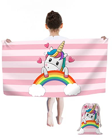 Einhorn Strandtuch, Kinder Strandtücher 60 x 120 cm, Schnell Trocknend Badetuch Reisen Schwimmen Duschtuch für Kinde (Pink Rainbow)