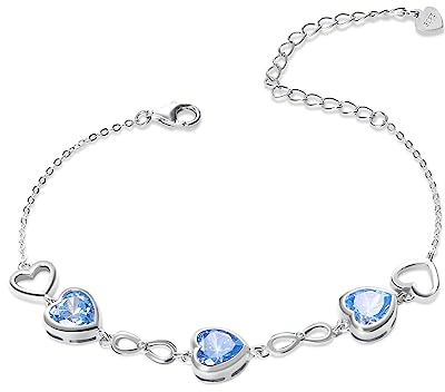 Qings 3 Herz Geburtsstein Armband Damen Sterling Silber Infinity Unendlichkeit Armkette mit Heart Zirkonia Charms Verstellbar Kristall Armbände Geburtstag Weihnachten Geschenk für Mama Mädchen Ihr