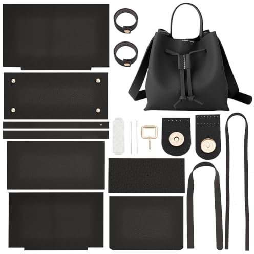 WADORN DIY Umhängetaschen-Bastelsets, Handgefertigtes Beuteltaschen-Set Mit Kordelzug Aus Kunstleder, Herstellung Aller Materialien, Handnähen, Handtaschen-Herstellungsset, 23x13x22 cm, Schwarz