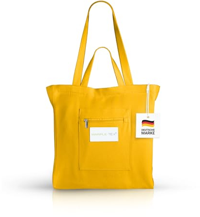 Marple Tex® Stofftasche Einkaufstasche mit Reißverschluss, Handtasche, Einkaufsbeutel, Schultertasche mit langen und kurzen Henkeln, Tragetasche, leichte Umhängetasche (Gelb)