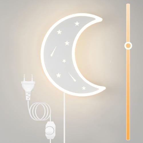 LED Dimmbar Wandleuchte mit Schalter und Stecker Kinder Nachttisch Nachtlicht Warmweiß 3000K Kinderzimmer Wandlampe Jungen Mädchen Schlafzimmer Mond Lampe Innen Wandbeleuchtung