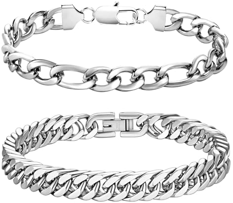 LOCCY Armband Herren, 2 Stück Silber Edelstahl Herrenarmbänder Panzerkette Armband Königskette Armband Figaro Armband Glieder Link Armkette für Männer Jungs (Set 2 Silber-6mm, Zentimeter, 19)