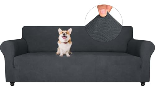 YSTELLAA Stretch Sofa Überzug 4 Sitzer, Elastisch Sofabezug Mit Armlehnen, Jacquard Sofaschoner rutschfest, Universal Sofa Cover Moderne, Couchüberzüge Sofahusse Für Katze Hund, Dunkelgrau