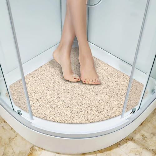 AMOMYDOG Alfombrilla para Ducha, Alfombra Ducha Esquina Antideslizante de Lufa Suave, Antimoho Antibacteriano PVC Alfombra Baño, Drenaje Rápido Esterilla Tapete Ducha 60 x 60cm (Beige)