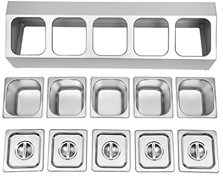 Contenedor de ingredientes con 5 rejillas, con 5 tapas a juego, acero inoxidable 201, para cada recipiente de 2 l, para restaurantes, tiendas calientes, tiendas de té de leche, fruterías