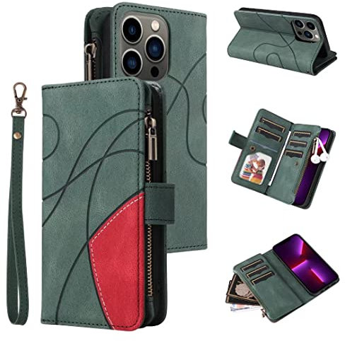 Hülle für Vivo V29 Lite/Vivo Y78 5G Handyhülle, Handytasche Leder Case Brieftasche Geldbörse mit Reißverschluss Kartenfach Umhängeband Wallet Cover Klapphülle für Vivo V29 Lite/Vivo Y78 5G Grün