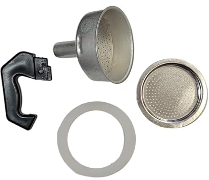 vidoelettronica Set 4 pezzi Ricambi, Filtro Imbuto, Piastrina Per Caffettiera, guarnizione in gomma, manico, ricambi per caffettiera italiana,Guarnizione Caffettiera,Manico Caffettiera (2 tazze)