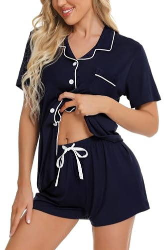 SWOMOG Womens Button Down Pyjamas Set Short Sleeve Sleepwear Bride Soft Pj Lounge Sets