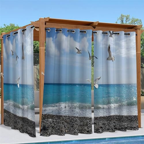 Linfye Outdoor Vorhang Wetterfest, Möwe Outdoor Vorhänge Wasserdicht mit Ösen Blau Sichtschutz Outdoor Gardinen für Draussen Terrasse Balkon Pavillon Garten Pergola 2er Set B 132 x H 213 cm