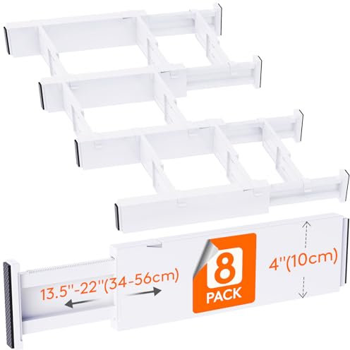 Lifewit 8er-Set Verstellbar Schubladentrenner 10 cm hoch und 34,3-55,9 cm länge, Schubladen organizer, Schubladenteiler aus Kunststoff mit 16 Einsätzen für Kleidung, Make-up, Schminktisch, Küche
