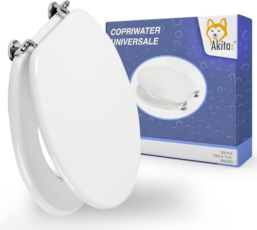 AKITAInk Copriwater Universale in Legno MDF Bianco – Sedile WC per Bagno, Tavoletta Copri WC Resistente con Cerniere in Metallo, Adatto a Tutti i Sanitari Standard